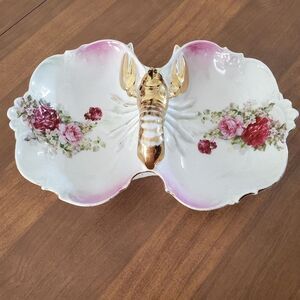 Vintage Porcelain Gold Trim Lobster Handled Divided Serving Dish